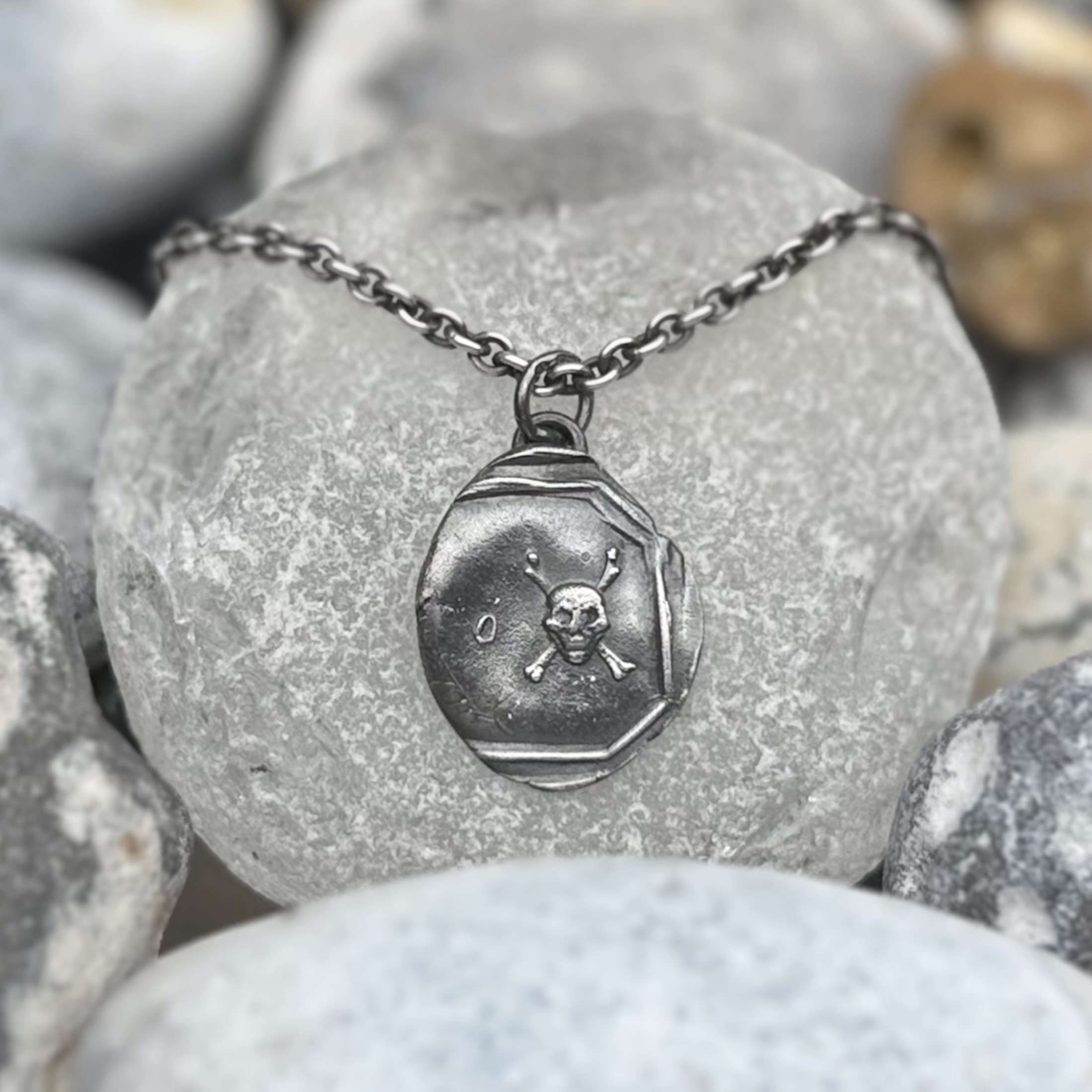 Skull and Crossbones Wax Seal Pendant | Holly Clover Jewellery | Handmade Silver Jewellery | Silversmith | Cambridge UK
