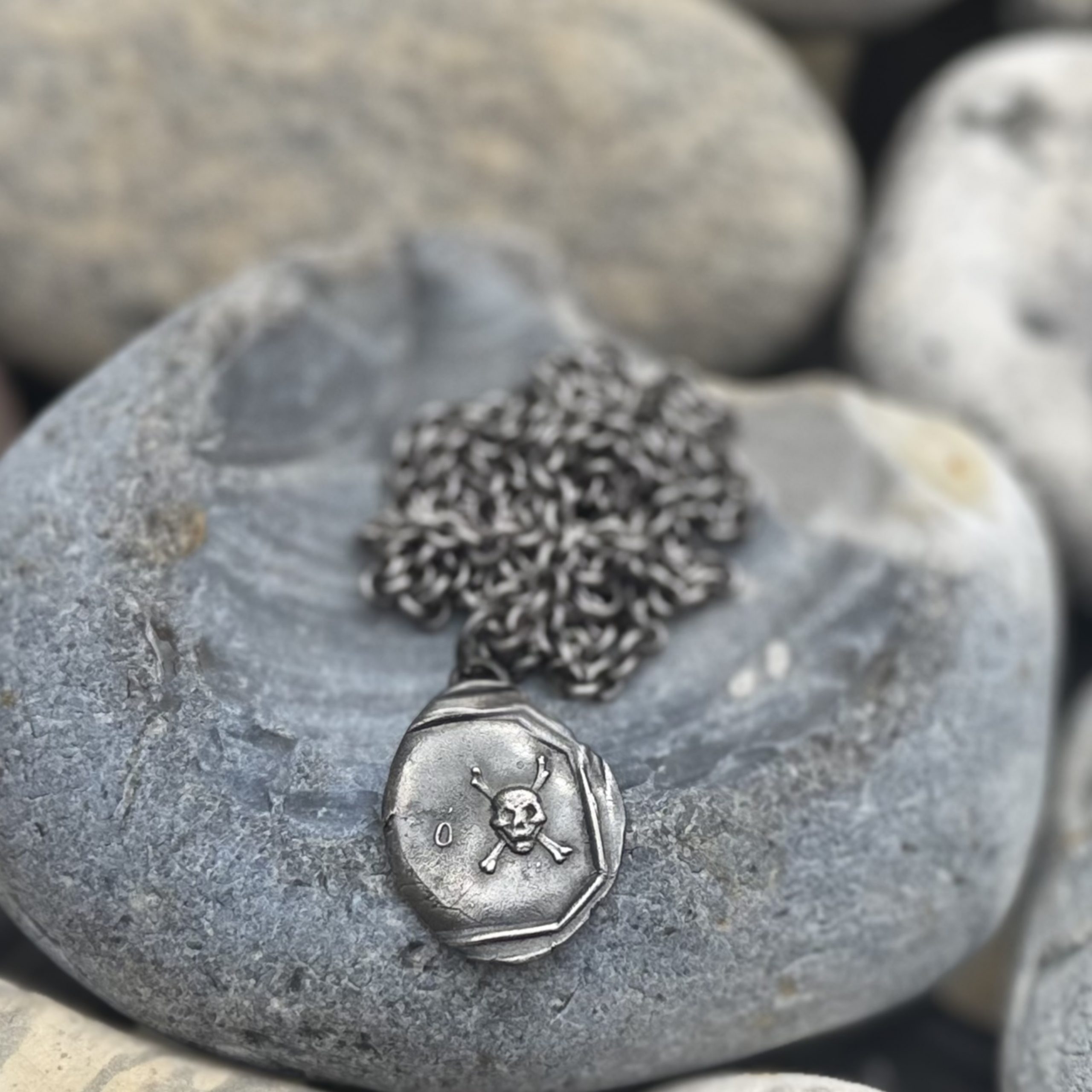 Skull and Crossbones Wax Seal Pendant | Holly Clover Jewellery | Handmade Silver Jewellery | Silversmith | Cambridge UK