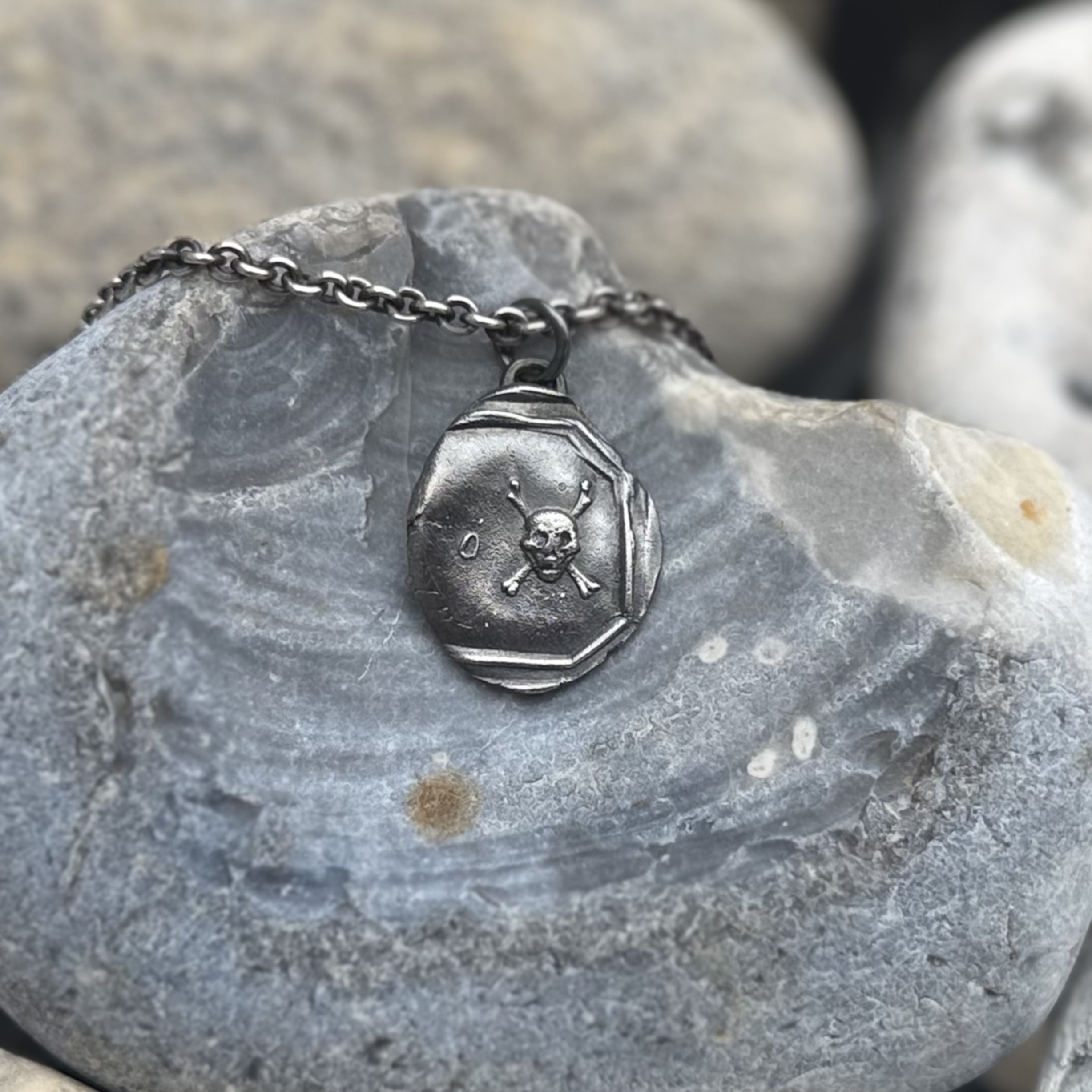 Skull and Crossbones Wax Seal Pendant | Holly Clover Jewellery | Handmade Silver Jewellery | Silversmith | Cambridge UK