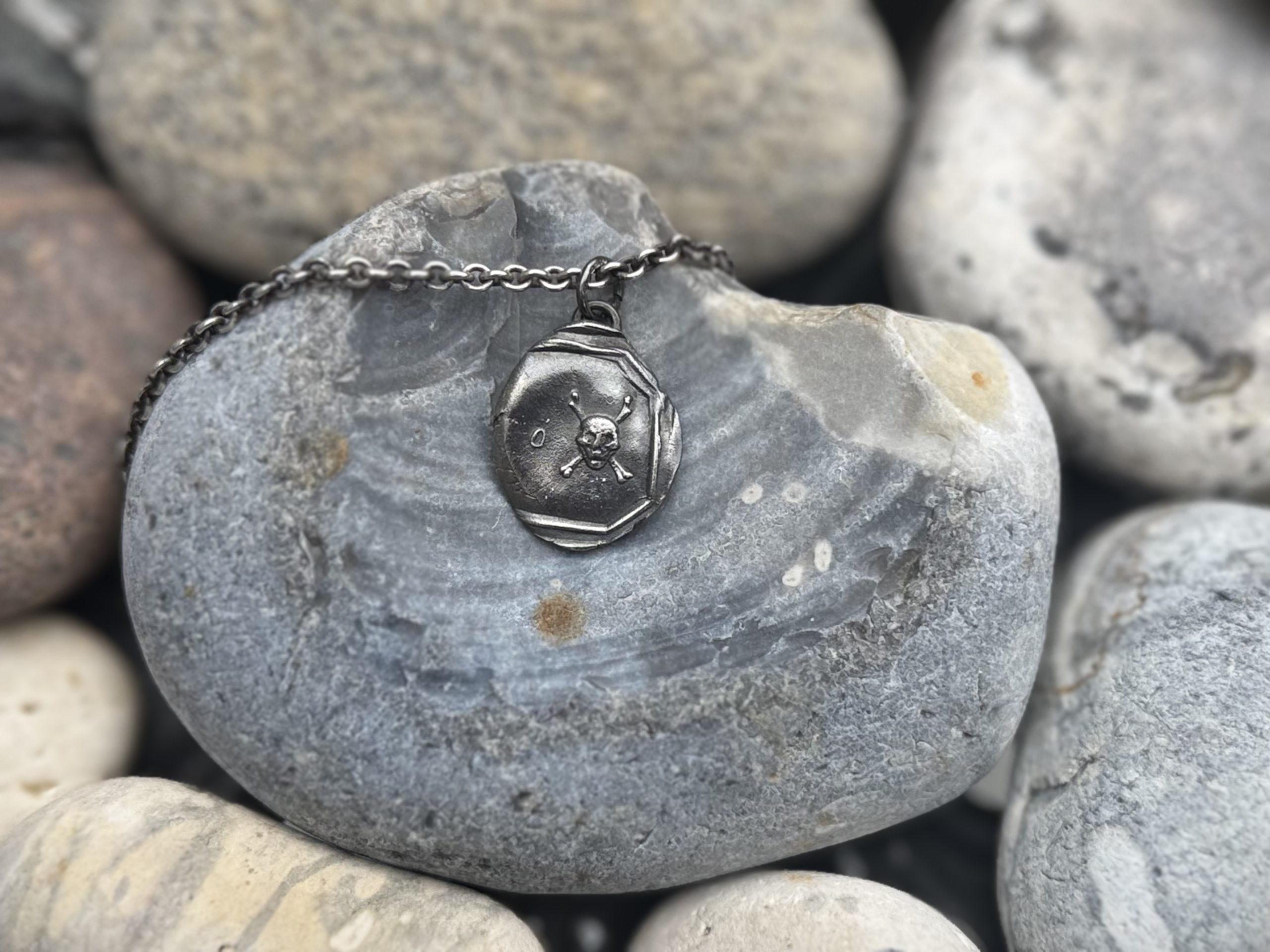 Skull and Crossbones Wax Seal Pendant | Holly Clover Jewellery | Handmade Silver Jewellery | Silversmith | Cambridge UK